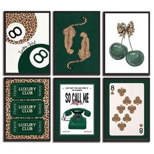 NWT HHB 6Pc Green Leopard Canvas Wall Art Prints Unframed 8x10 Preppy Decor